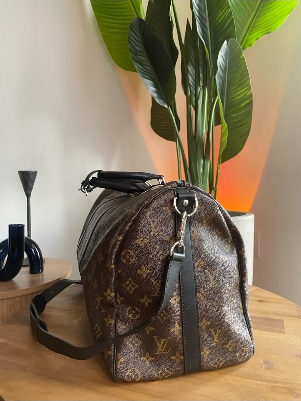 Louis Vuitton Brown Monogram Duffel with Black Leather Trim 45 Keepall
